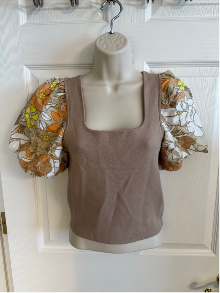 Naomi Floral Mixed Media Puff Sleeve Top Current Air Size Xs Retro '70's